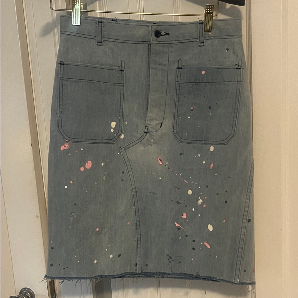 Size 29- Splatter Paint Denim Pencil Skirt with front pockets